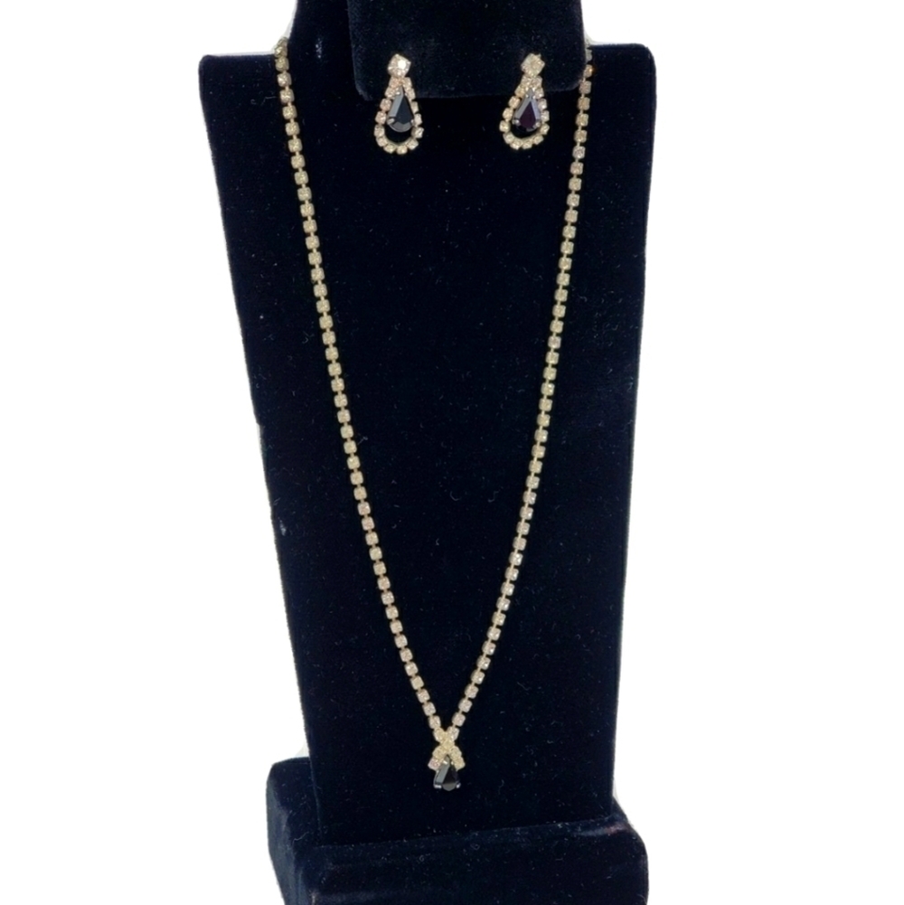 Vtg Faux Diamond Clear Rhinestone Necklace & Stud Earrings Black Lucite Teardrop